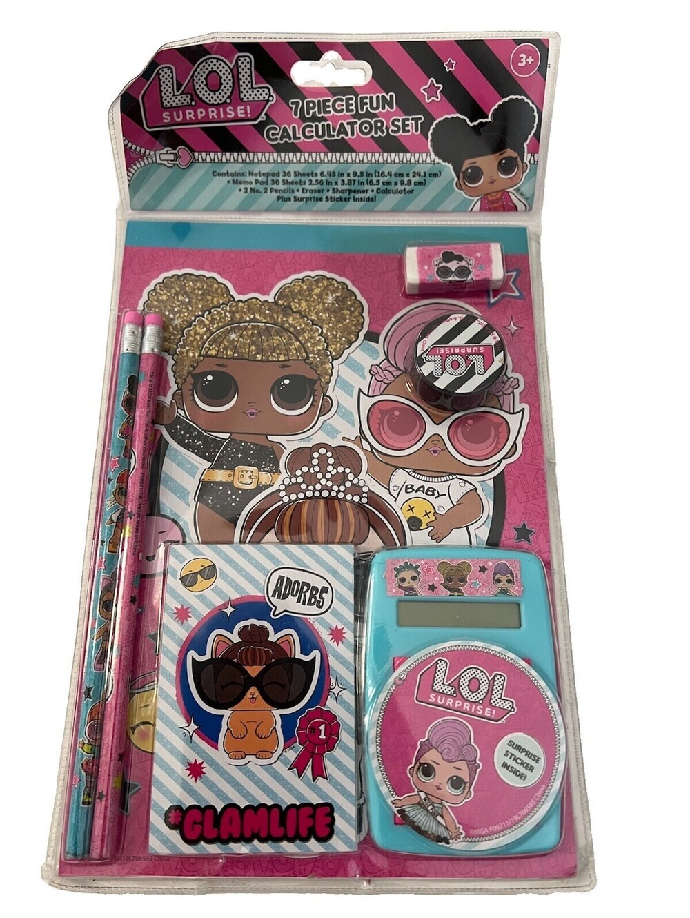 L.O.L. Surprise 7 Piece Fun Calculator Set Notepad Pencils Eraser Sharpener NEW